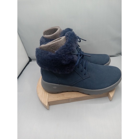 Skechers-On The Go Joy Lush Ankle Boot Women Sz 7 Shoe Faux Fur Blue - Picture 5 of 12